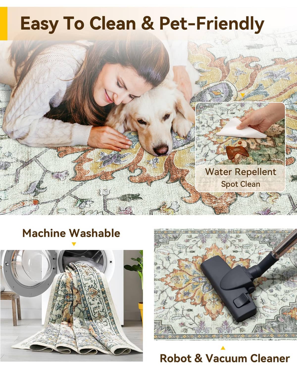 Water-repellent, machine-washable area rug with pet-friendly spot clean graphic