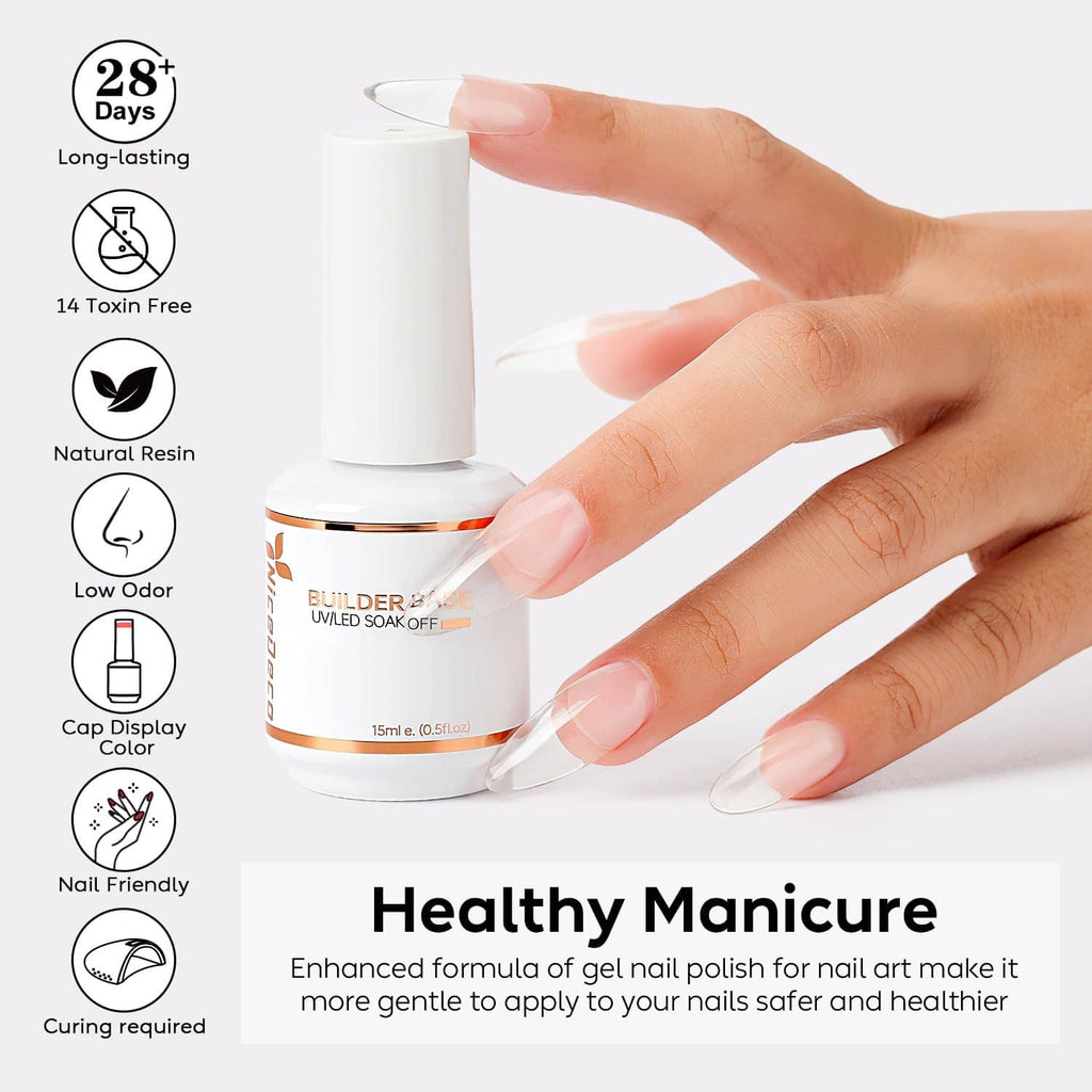 Nail builder base gel bottle with applicator brush and fingers showing glossy nails