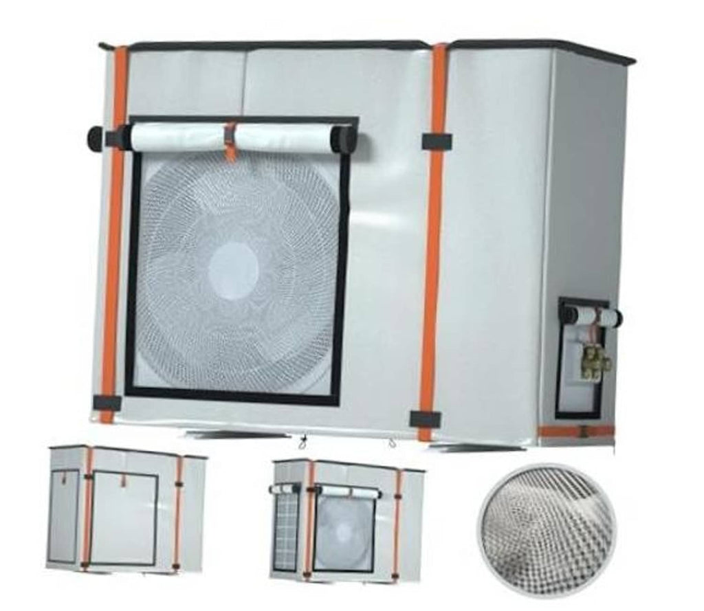 Beige outdoor mini split air conditioner cover with front mesh window and orange corner ties