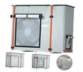 Beige outdoor mini split air conditioner cover with front mesh window and orange corner ties