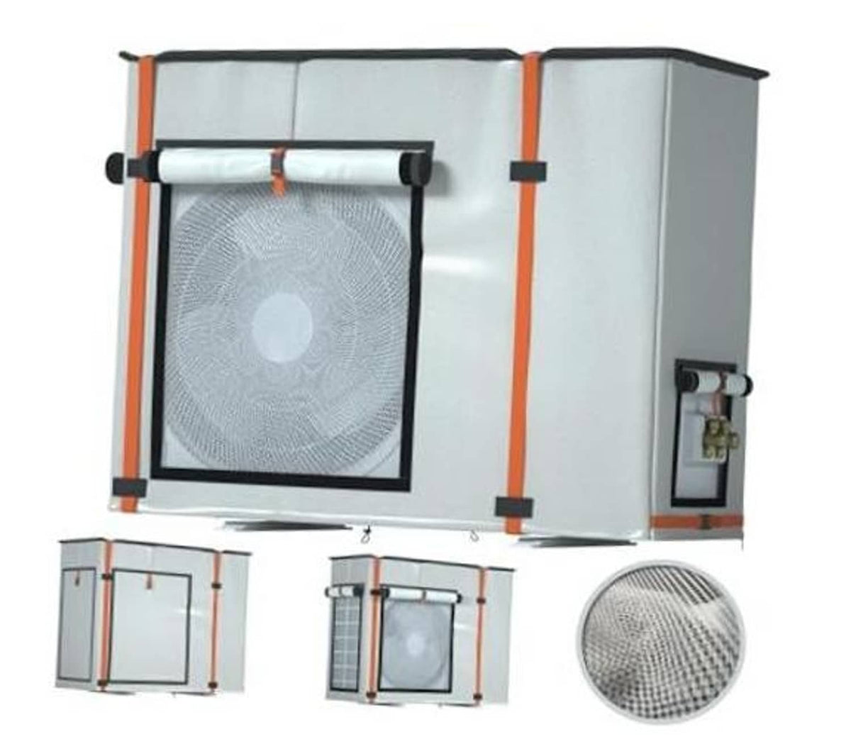 Beige outdoor mini split air conditioner cover with front mesh window and orange corner ties