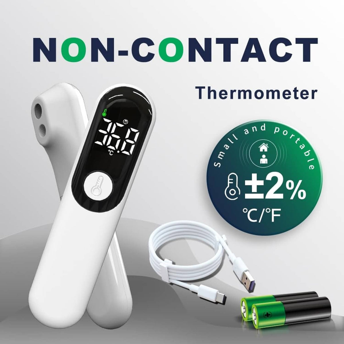White non-contact forehead thermometer with black sensor window, LCD display, and USB charging cable