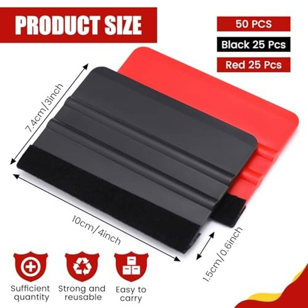 Red and black plastic vinyl squeegee with felt edge, rectangular 4-inch tool