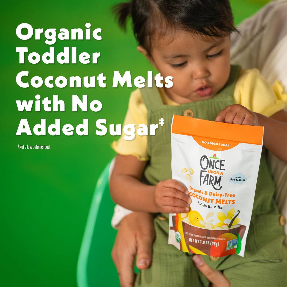 Organic toddler coconut melts pouch with no added sugar text, held by a child