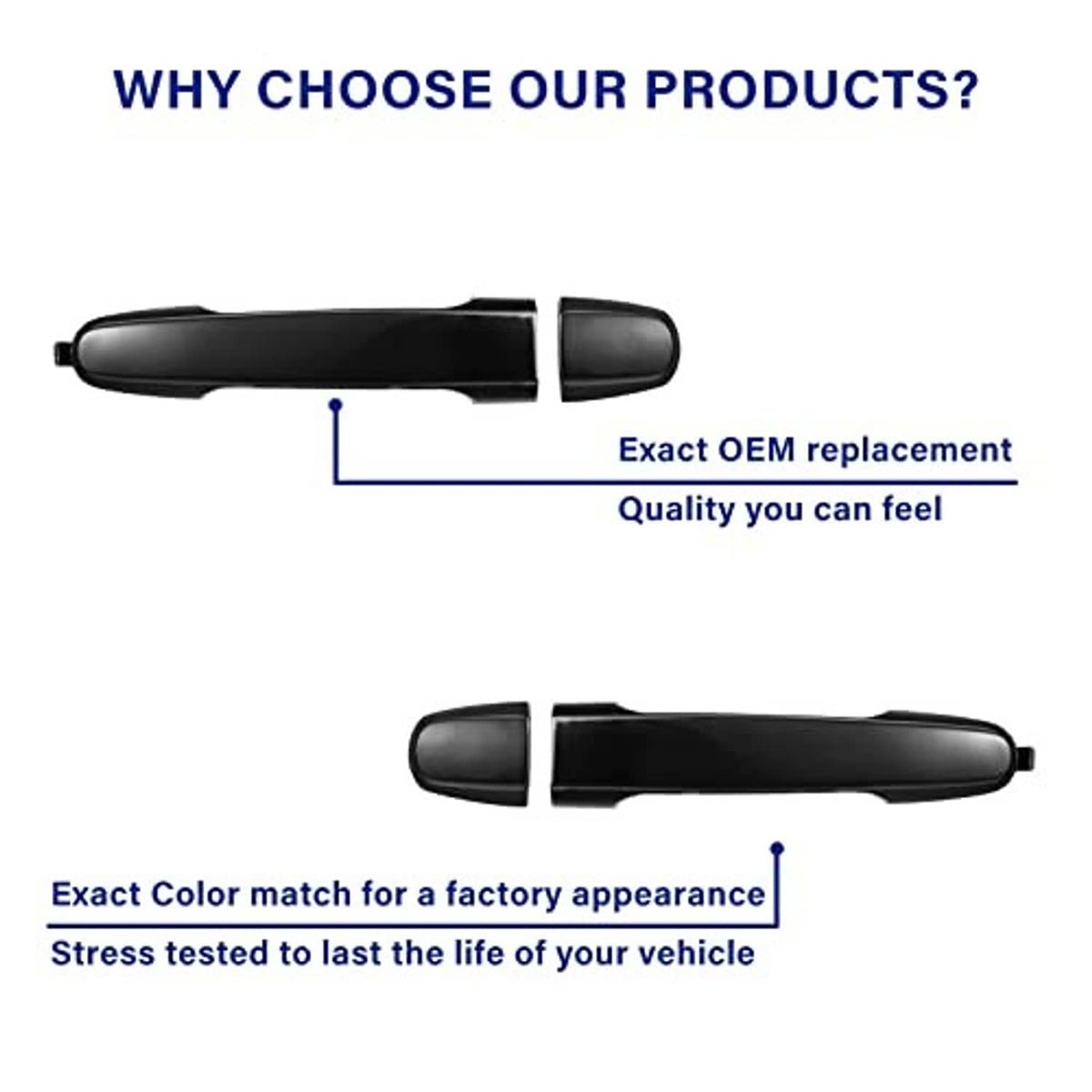 Exterior door handle shown with callouts; dark black finish with end cap.