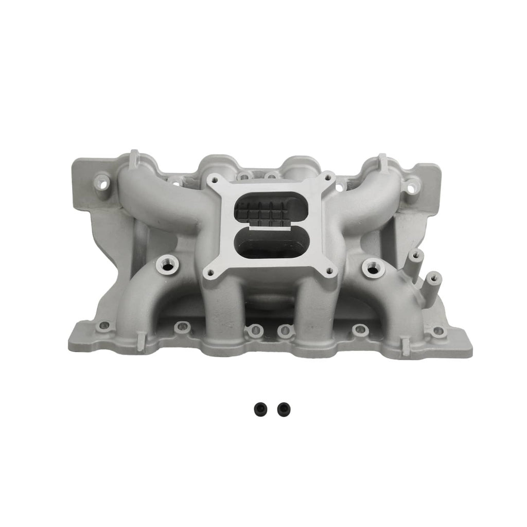 Grey engine intake manifold with dual air openings and mounting bolt holes