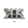 Grey engine intake manifold with dual air openings and mounting bolt holes