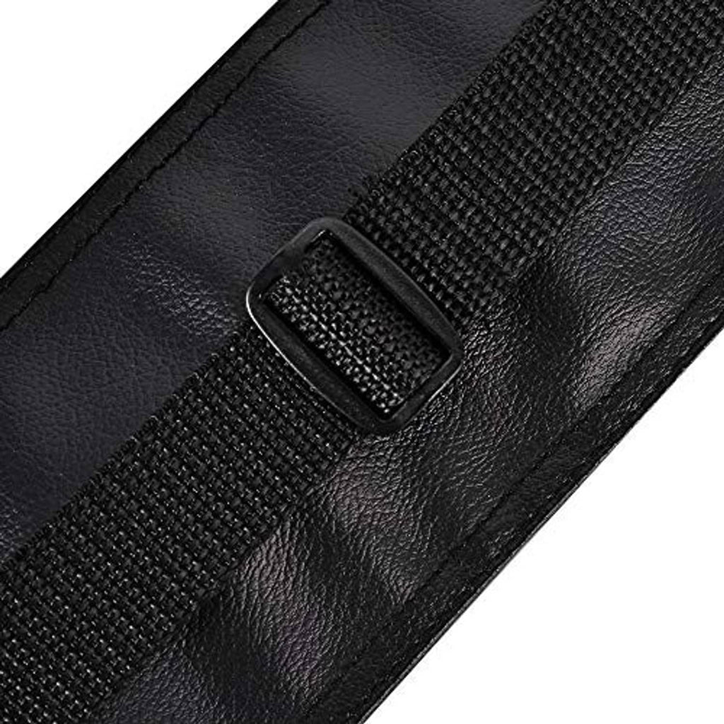 Black leather cue case with textured strap and metal buckle detail