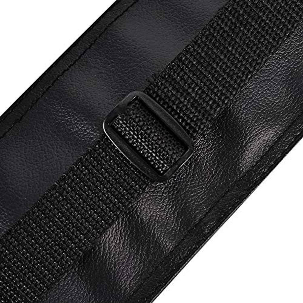 Black leather cue case with textured strap and metal buckle detail