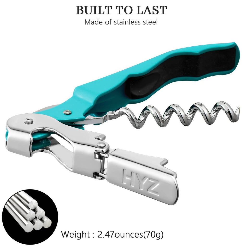 Stainless steel waiter corkscrew with teal handle, chrome levers, and cork-pull spiral.
