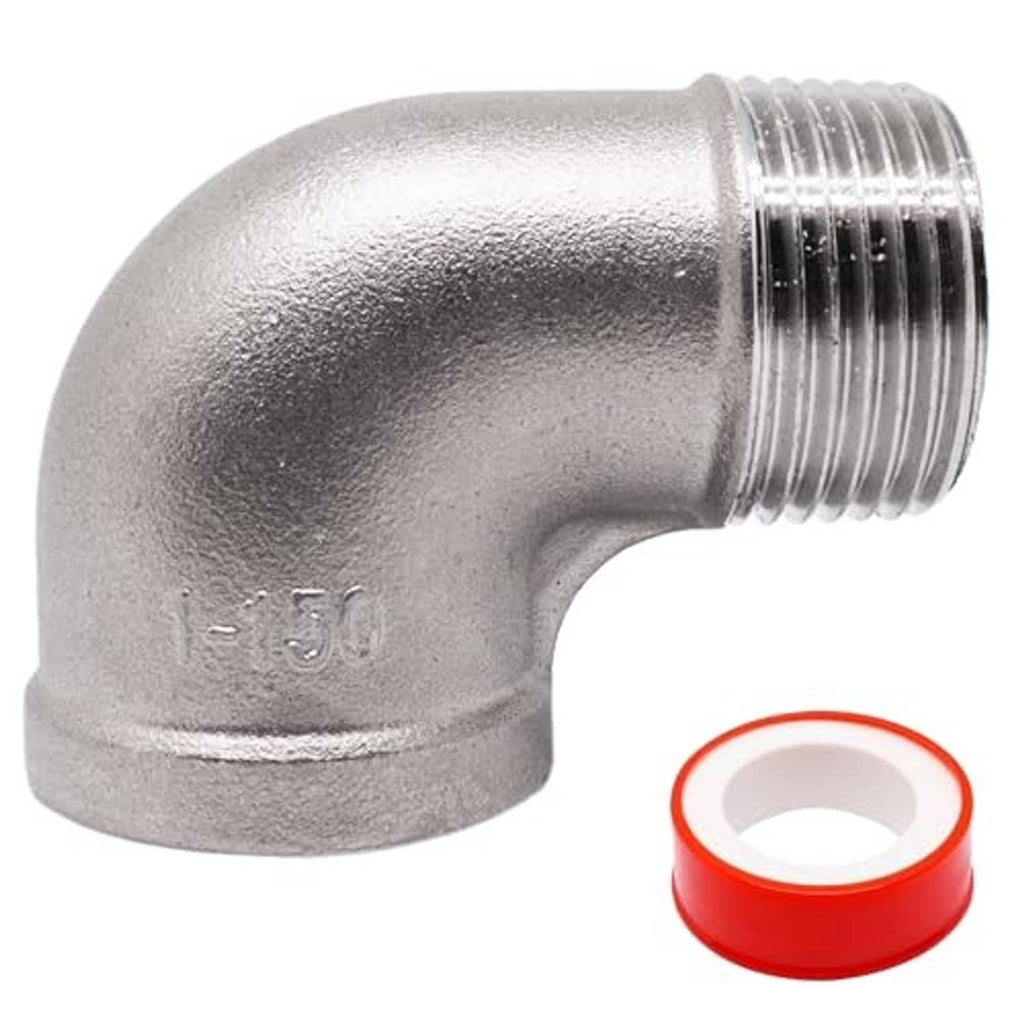 90-degree stainless steel elbow fitting with male and female NPT threads and red cap