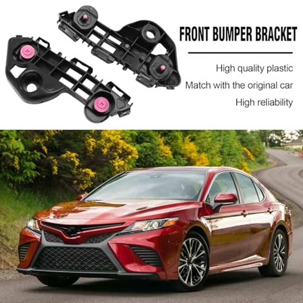 Black front bumper bracket retainers, pair with pink fasteners and bracket mounting points