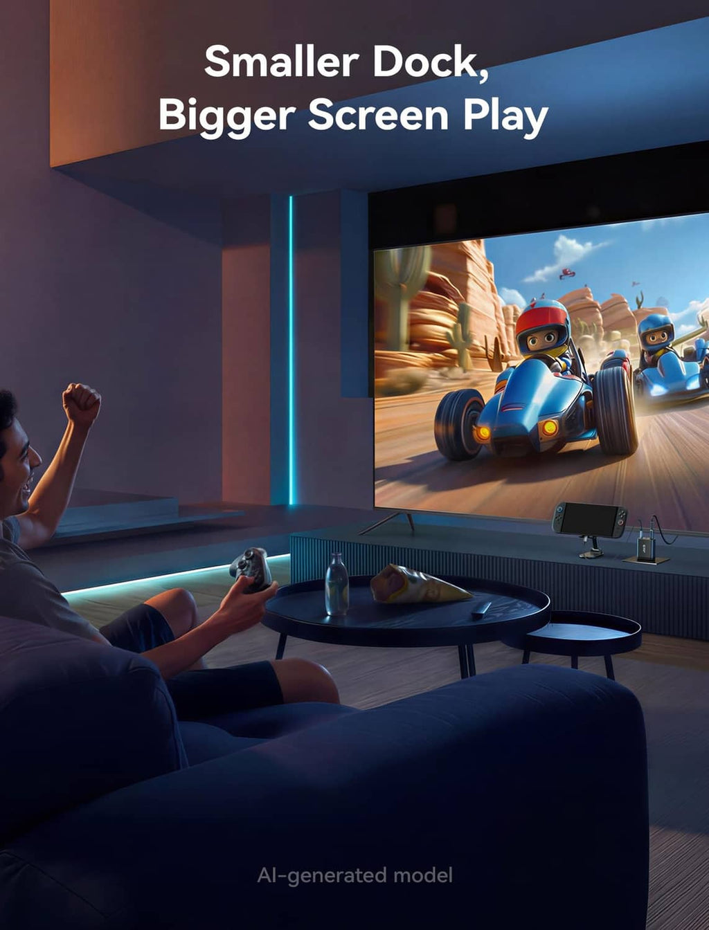 Small black switch dock with connected cable for larger screen TV play