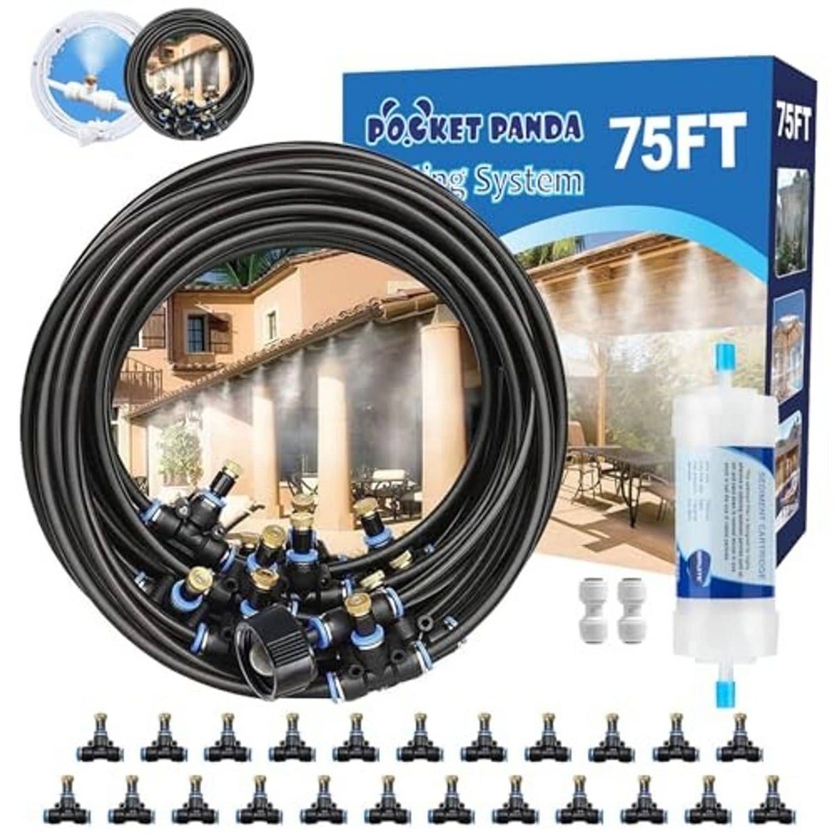 Water misting cooling system kit with coiled black tubing, multiple nozzle sprayers, and connectors