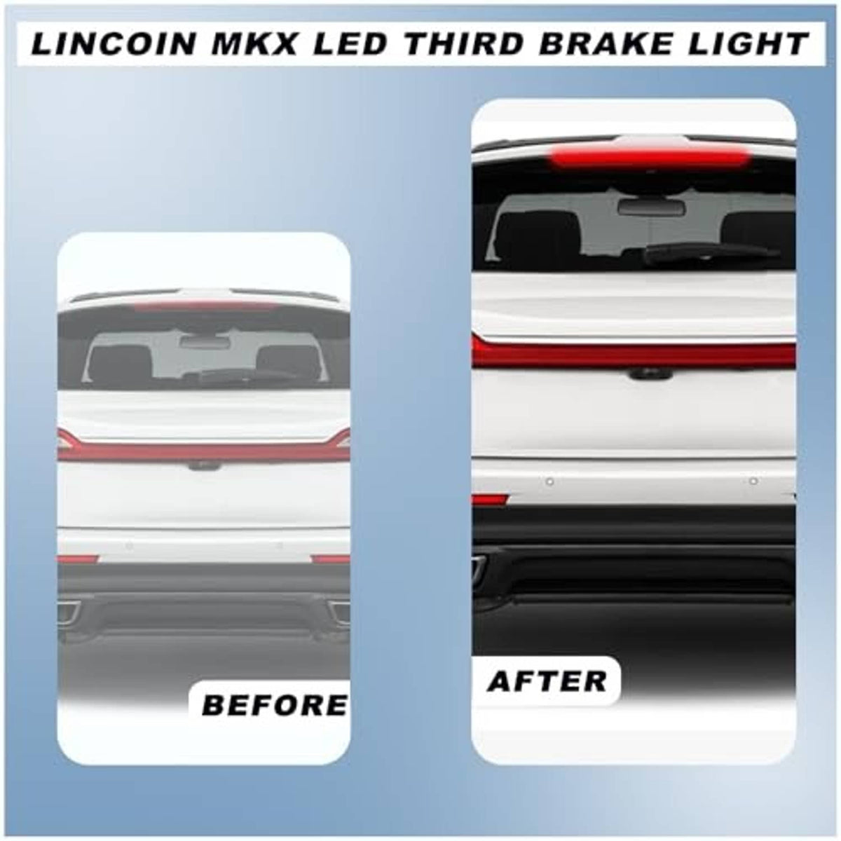 LED third brake light upgrade shown on rear hatch, red strip light in place