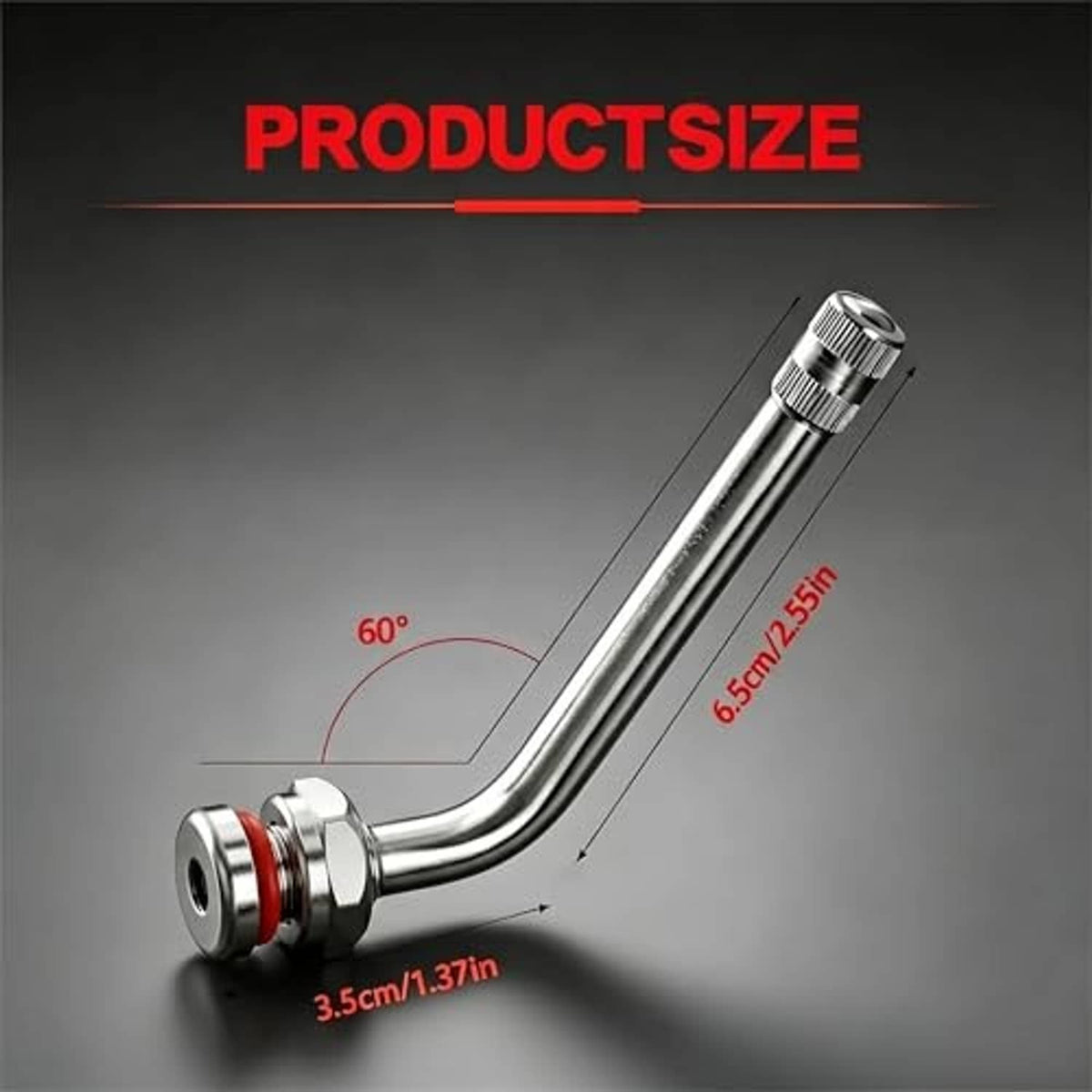 Silver 60° bent truck tire valve stem with red sealing ring and threaded end