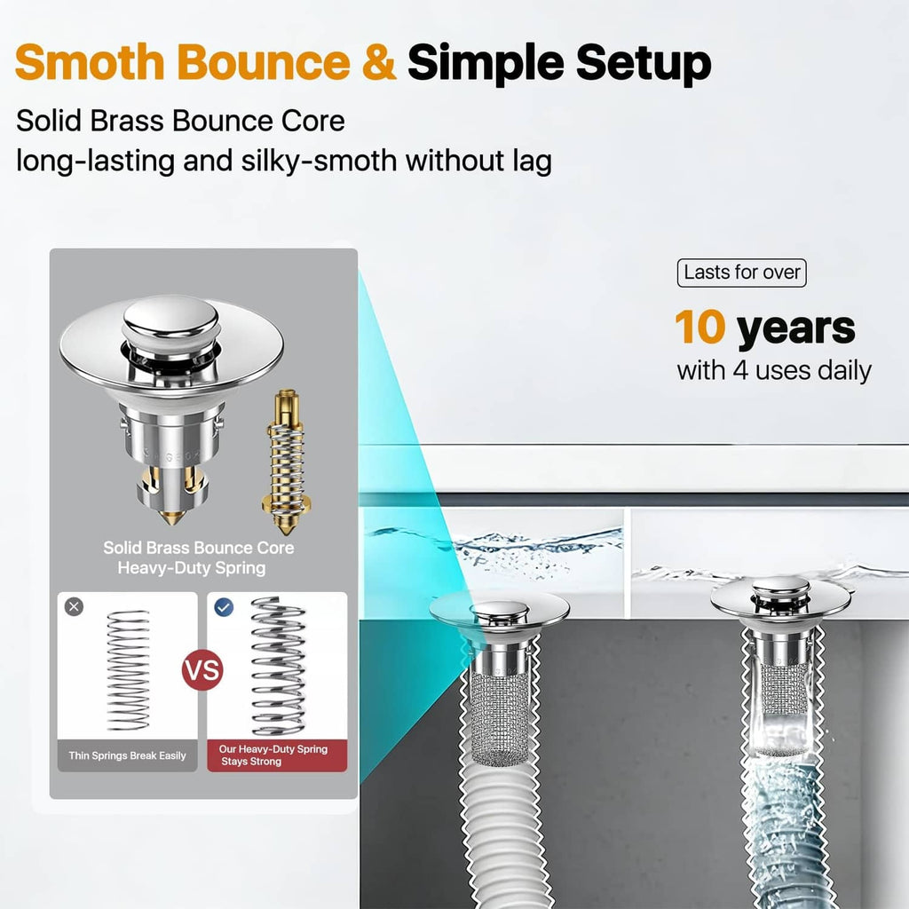 Chrome pop-up sink drain stopper with brass bounce core and mesh filter