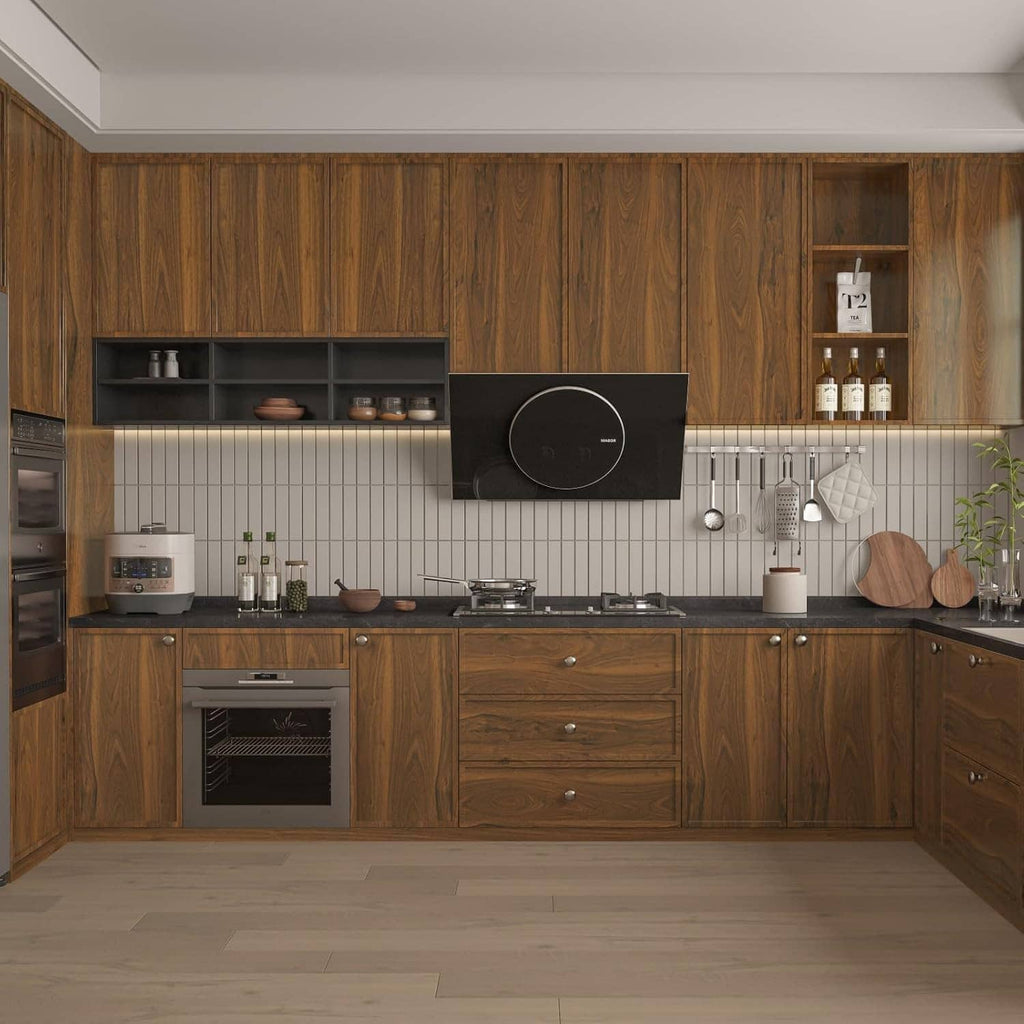 Wood grain contact paper on kitchen cabinetry and wall panels for a warm wood look