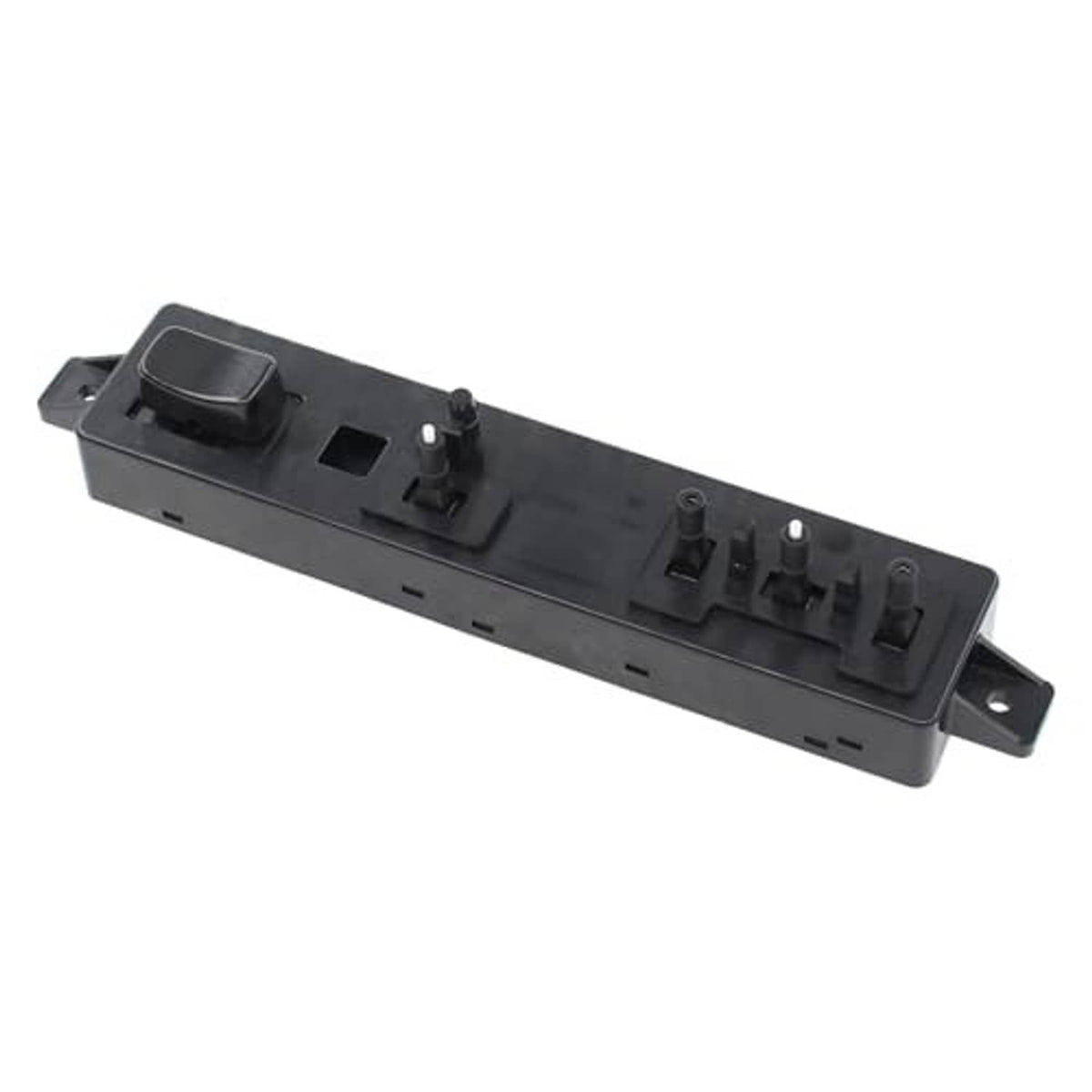 Black power seat switch with round button, rectangular cutout, and mounting bracket