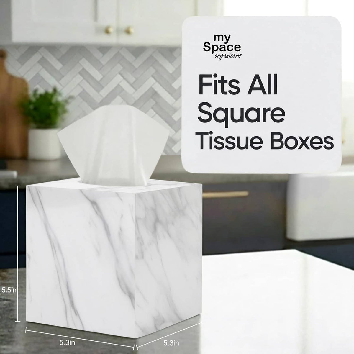 Square marble-pattern tissue box cover with top tissue opening and dimensions