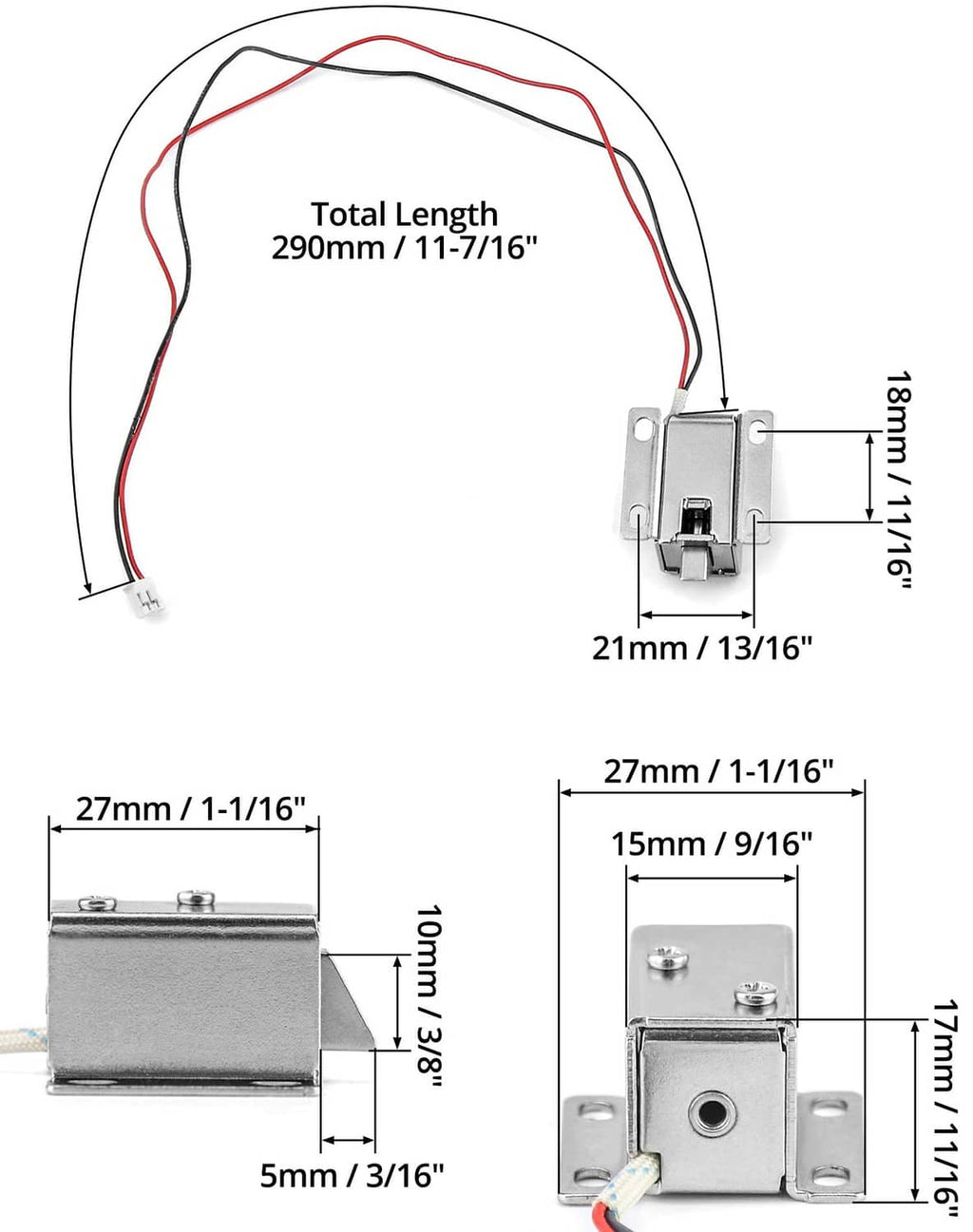 Electromagnetic solenoid lock with labeled dimensions: total length 290mm, base 21mm.