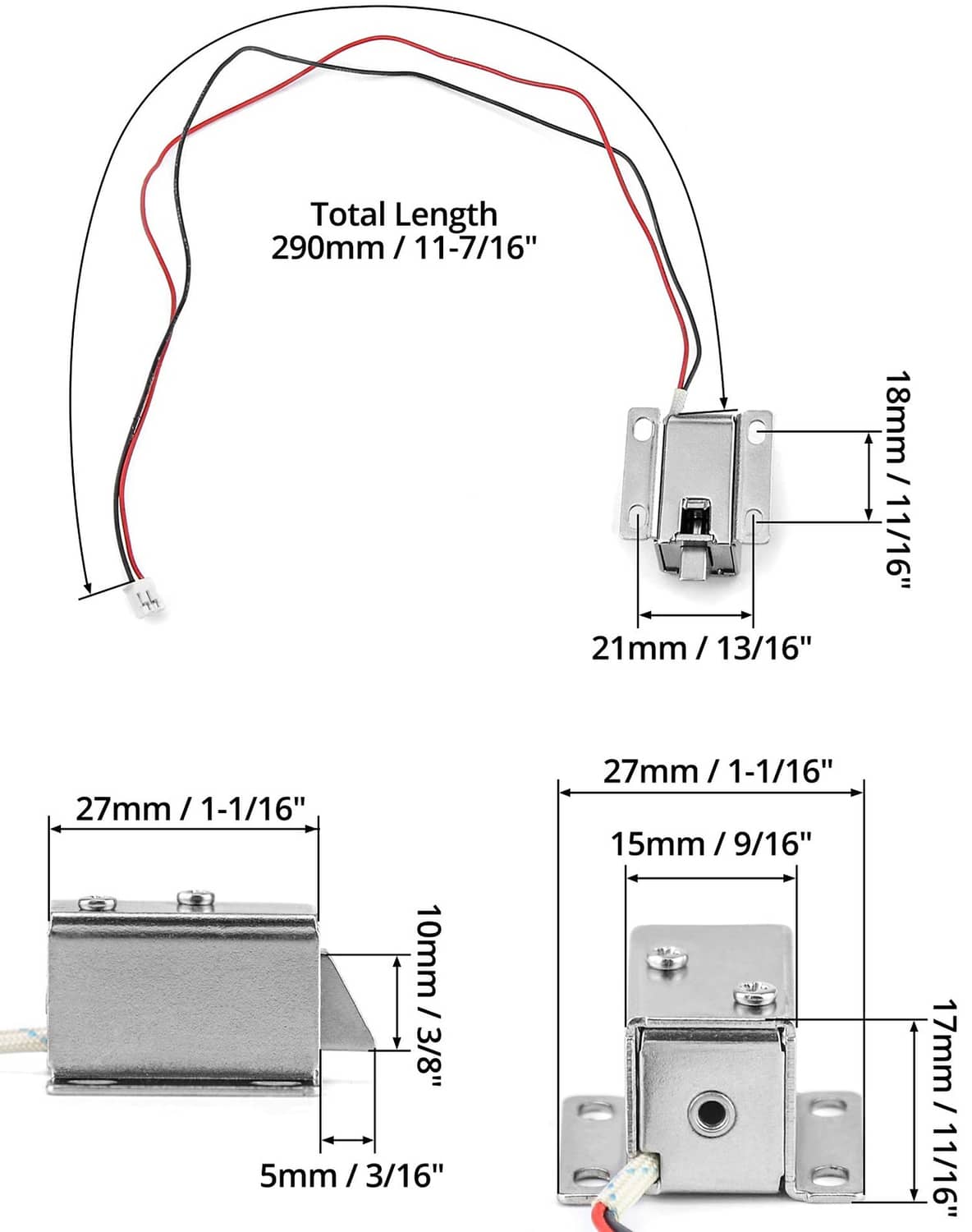 Electromagnetic solenoid lock with labeled dimensions: total length 290mm, base 21mm.