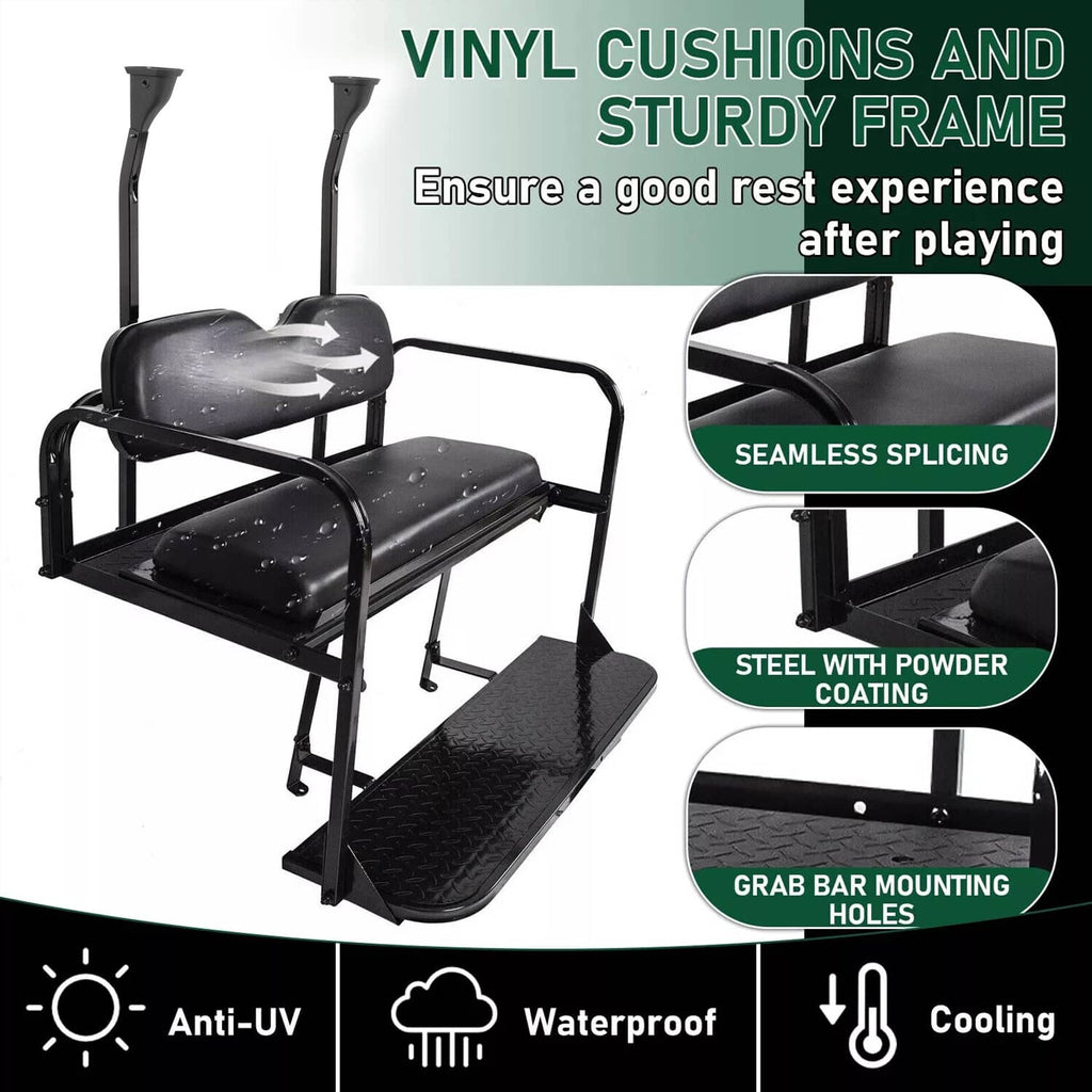 Black vinyl rear seat kit with flip platform and sturdy powder-coated steel frame