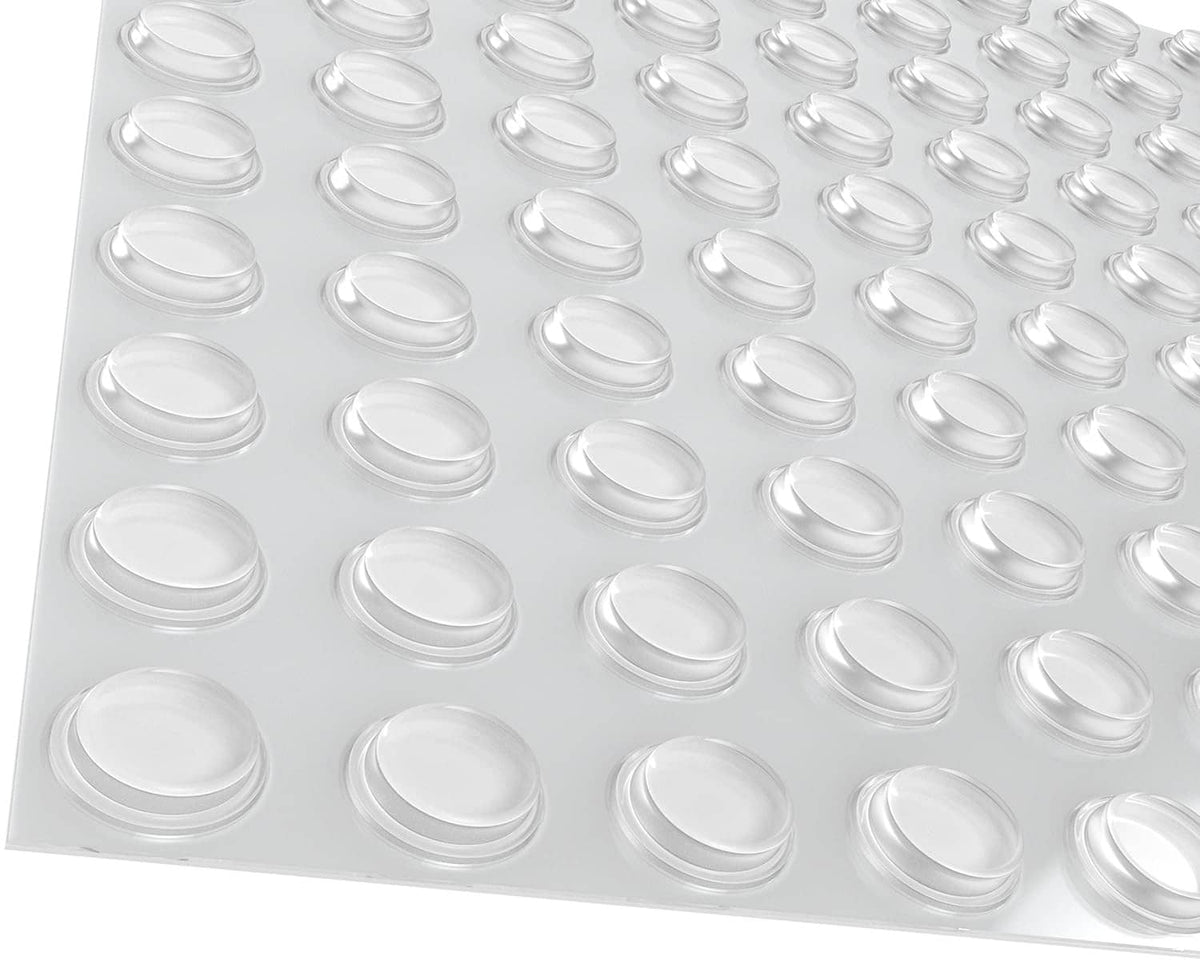 Sheet of clear self-adhesive dome bumper pads, multiple pieces for cabinets.