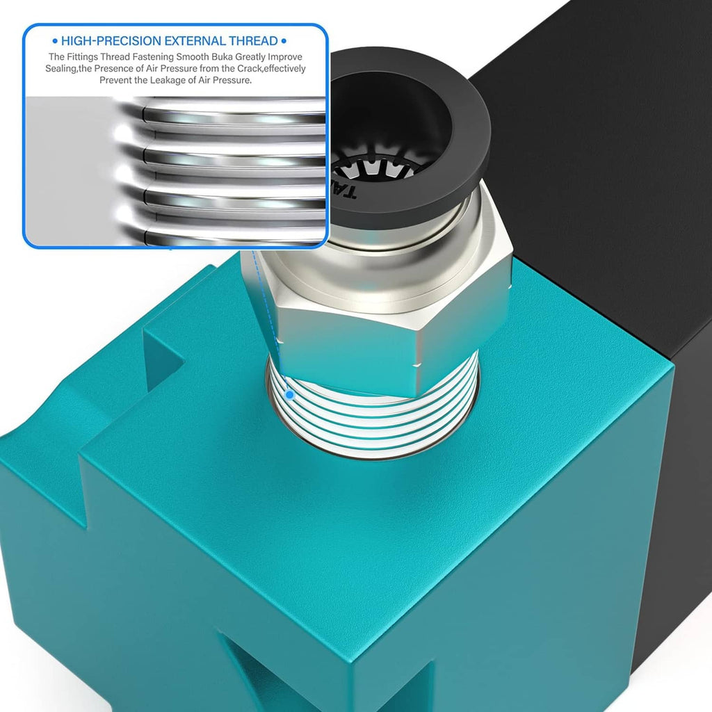 Pneumatic valve with metal exterior threaded fitting on turquoise housing