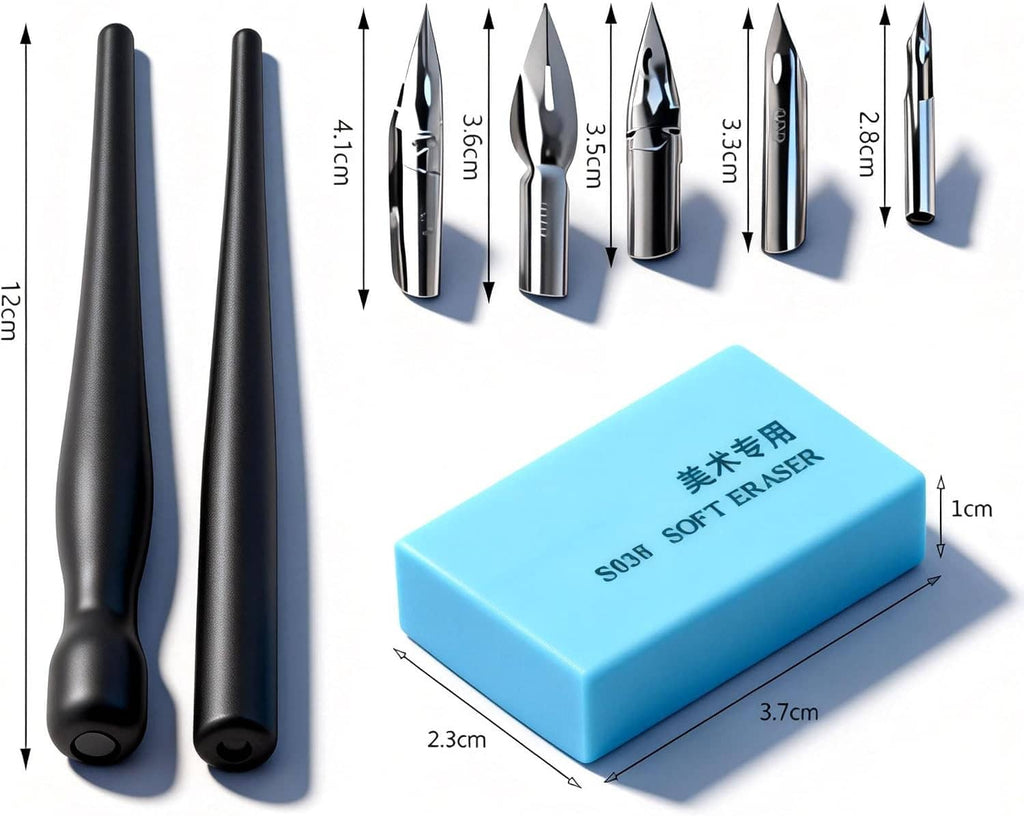 Black dip pen holders, two piece set with curved grip and pointed nib ends