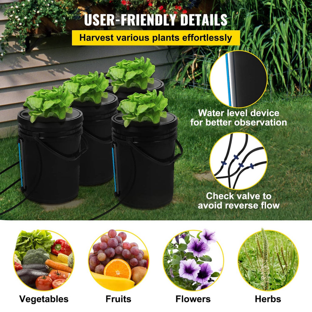 Hydroponic DWC system with four black buckets and lids on outdoor grass