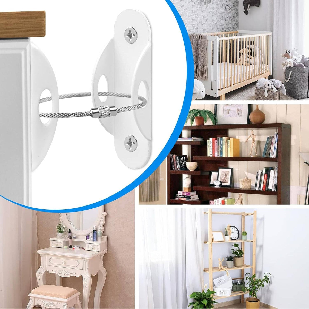 Wall-mounted furniture anchors with braided steel cable for baby-proofing