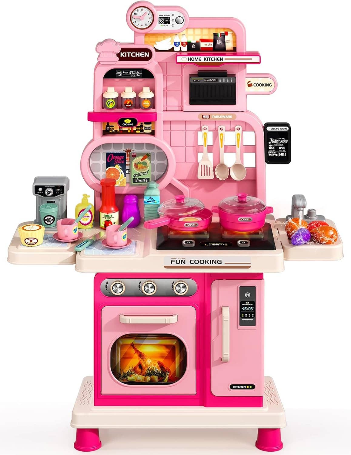 Pink kids kitchen playset toy with stovetop burners, oven window, and side countertop accessories