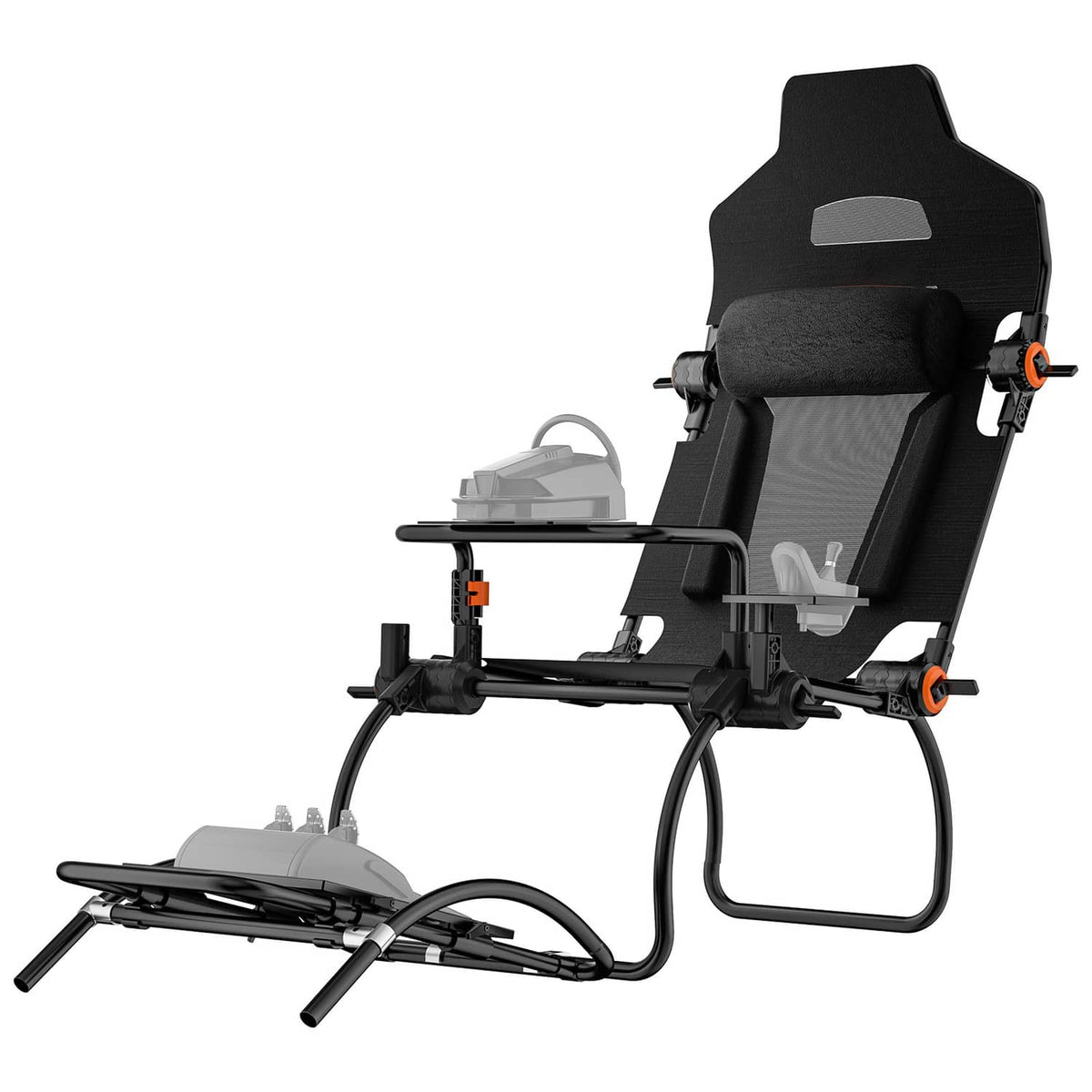 Racing simulator cockpit chair with black seat cushion and steering-pedal platform, front-left