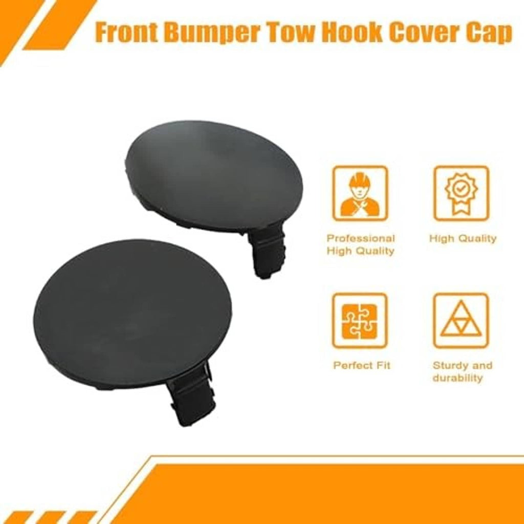 Front bumper tow hook cover caps set, black round covers with small bracket tabs