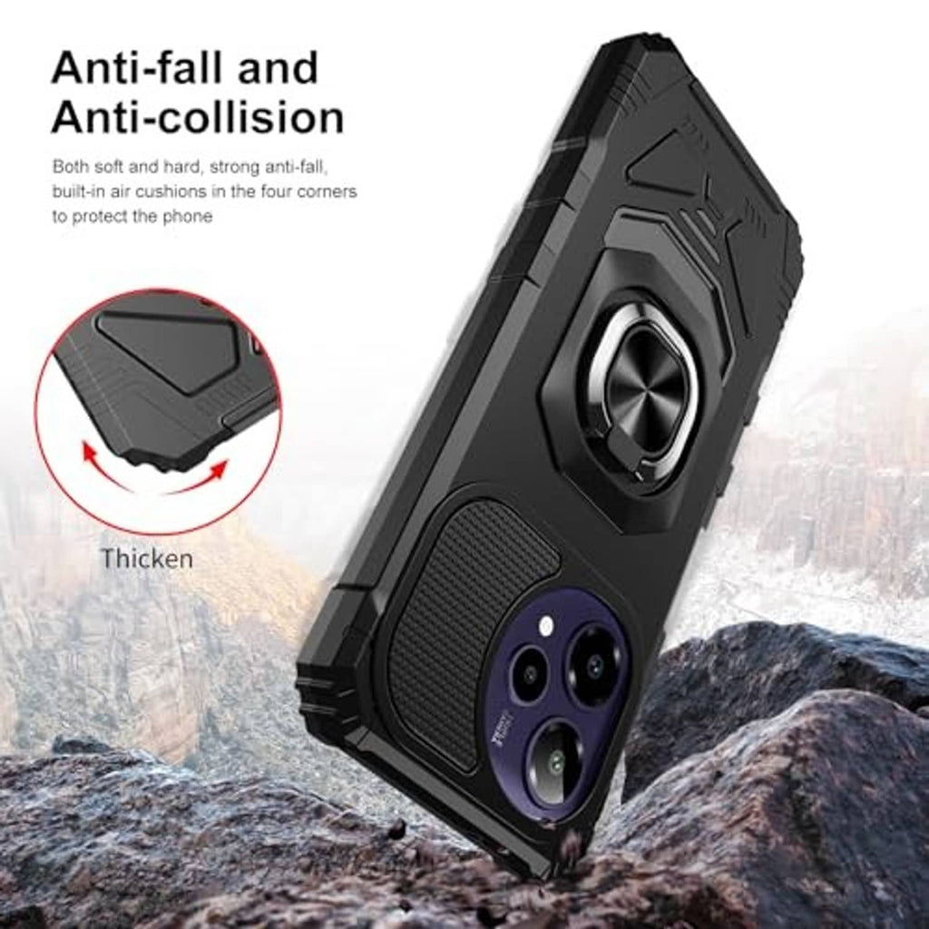Rugged black phone case with thick corners, anti-fall design, and camera lens cover