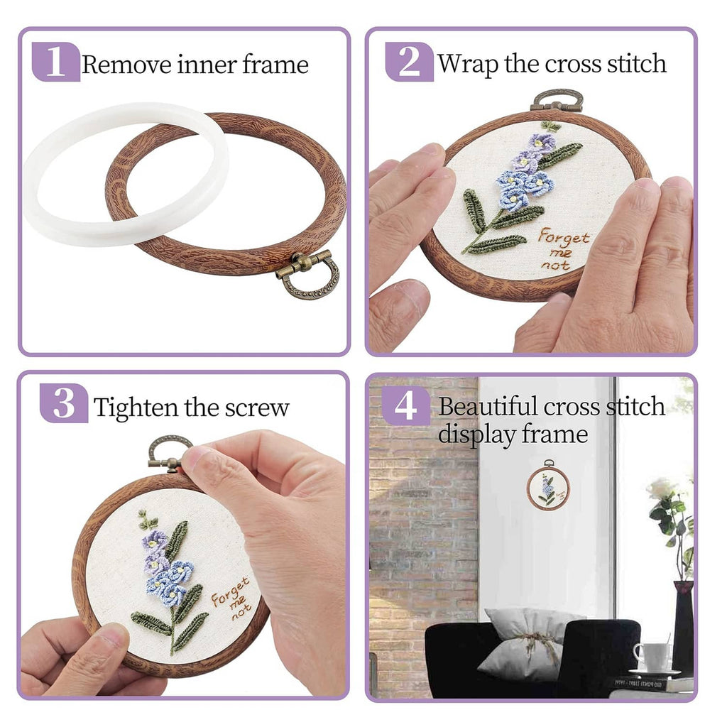 Embroidery hoop set with floral cross-stitch shown in a brown wood-look frame