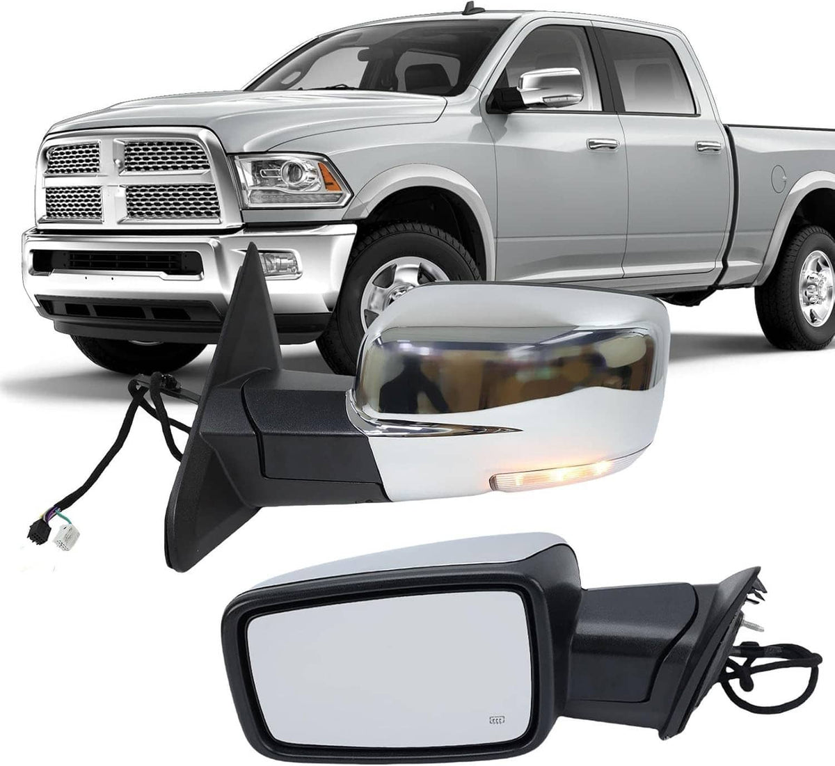 Power heated side mirror with chrome cap and black housing, front and angled view