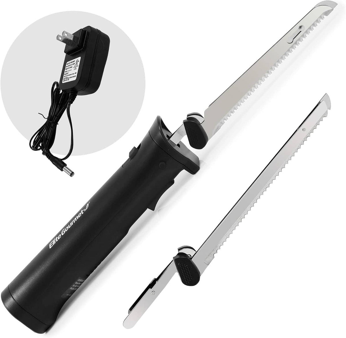 Black cordless electric knife with serrated blades and charging adapter, side view