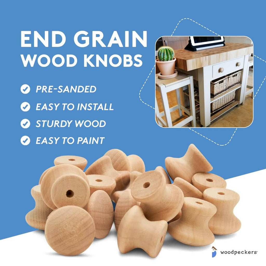 Unfinished natural wooden knob set, promotional graphic featuring multiple knob shapes
