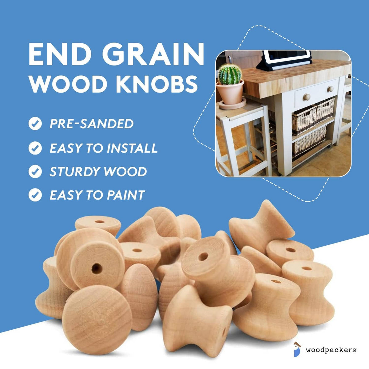 Unfinished natural wooden knob set, promotional graphic featuring multiple knob shapes