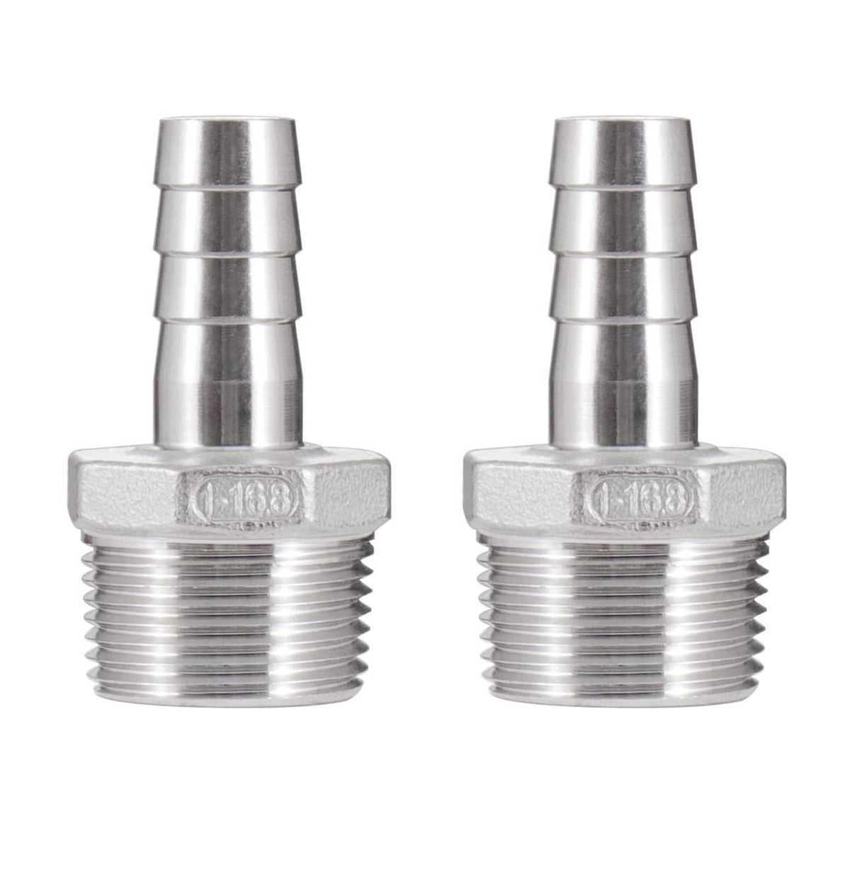 Stainless steel hose barb to NPT fitting, barbed push-on end and threaded coupling