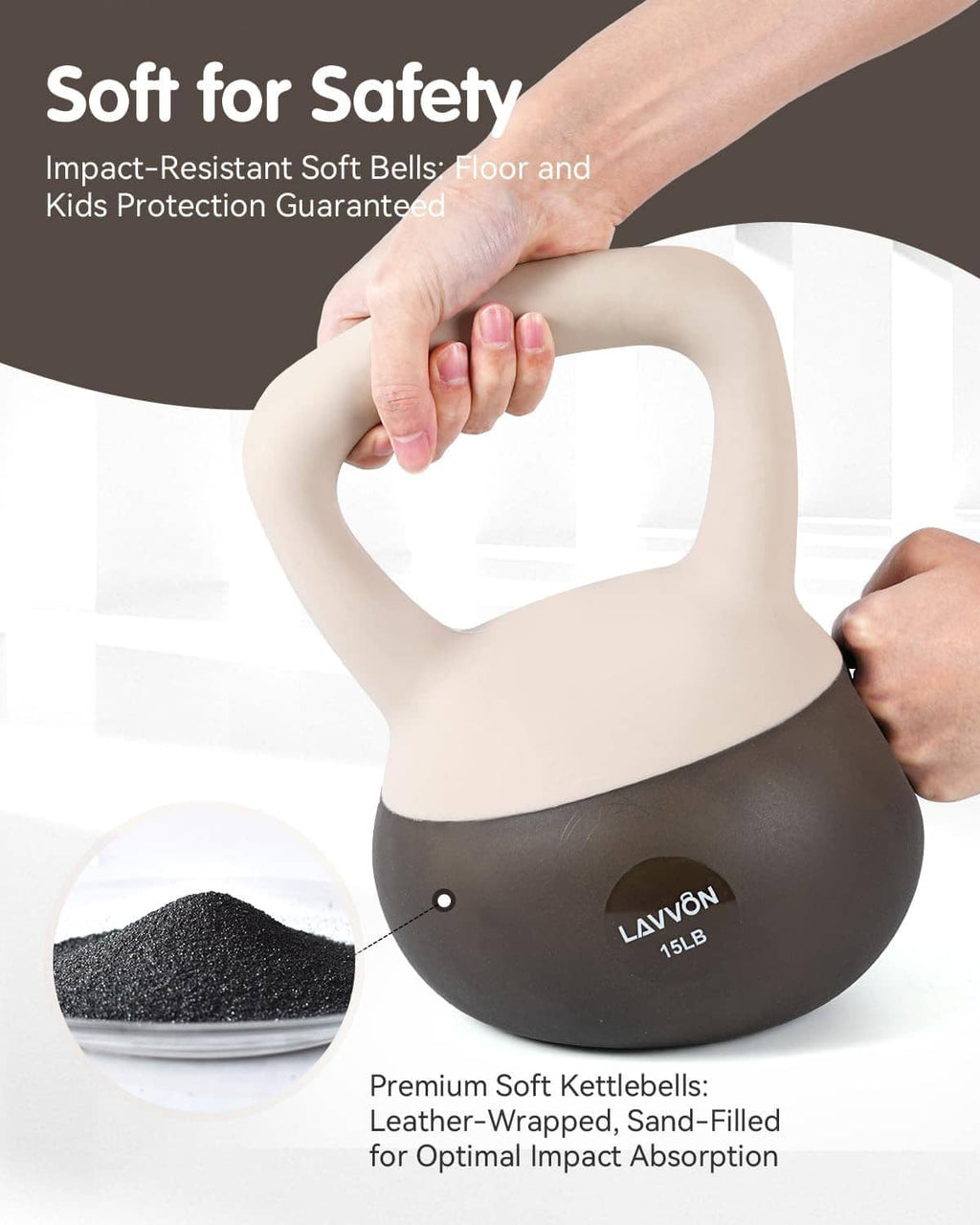 Soft kettlebell held by hand; cream handle with dark padded body, LAVVON 15LB