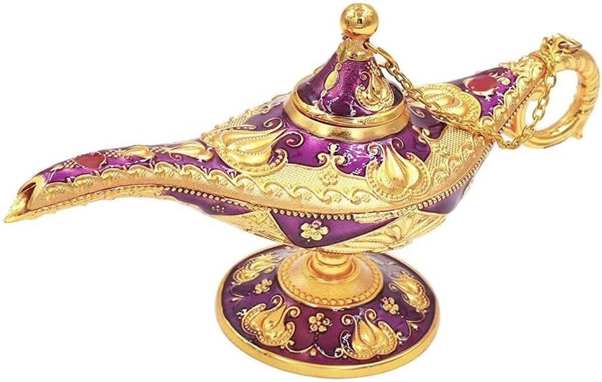Ornate purple and gold genie lamp prop with raised top, etched patterns, and dangling chain