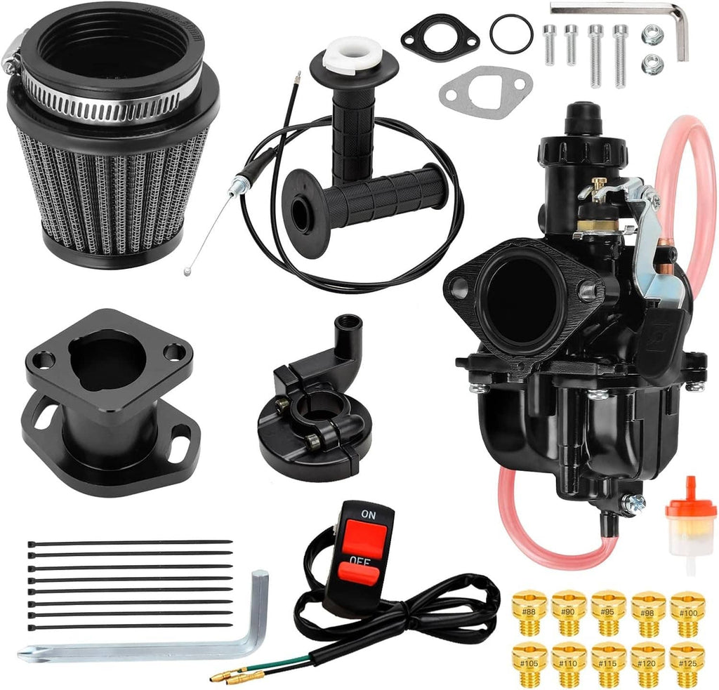Carburetor and throttle kit with black air filter and mounting hardware