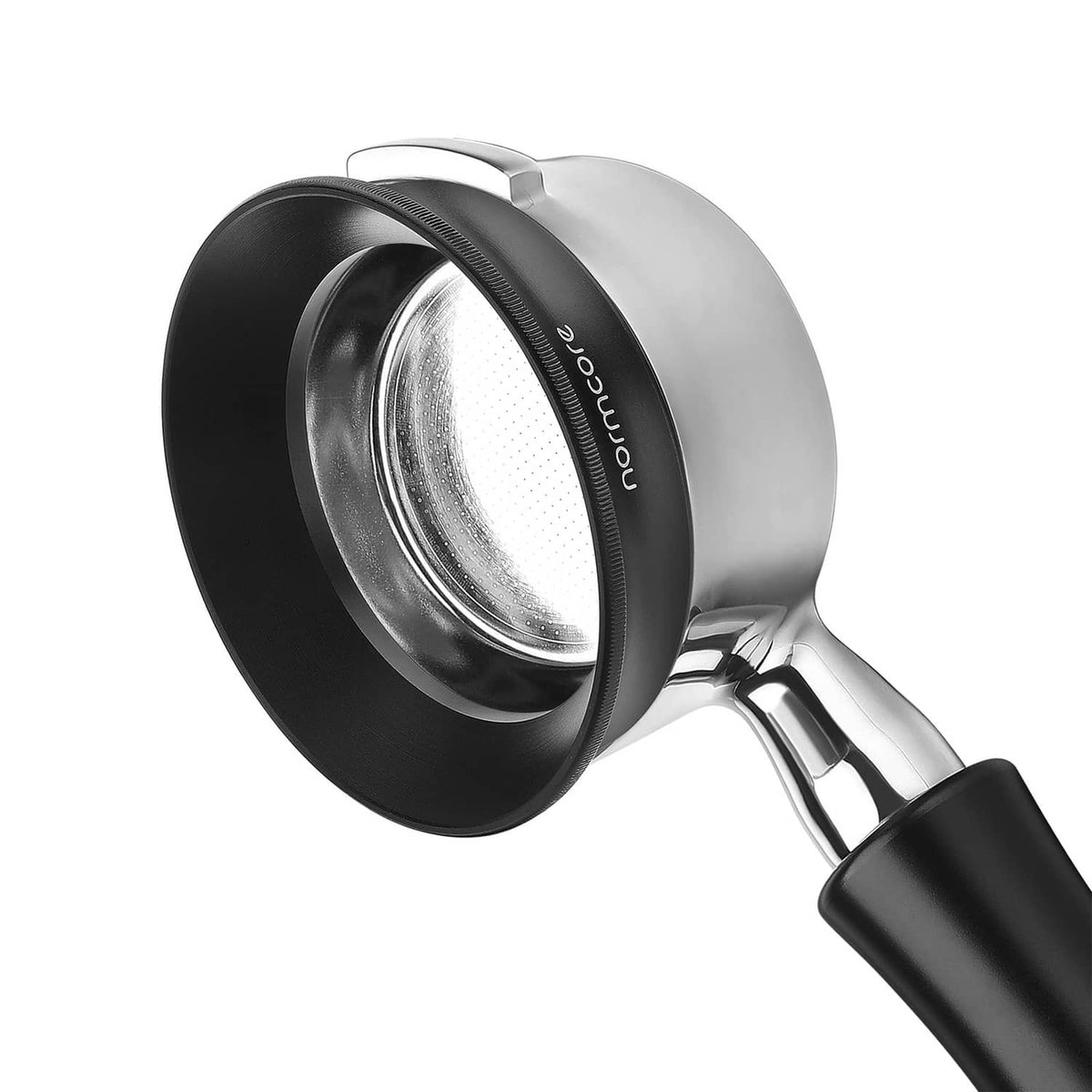Normcore dosing funnel with black top ring and stainless steel filter basket.