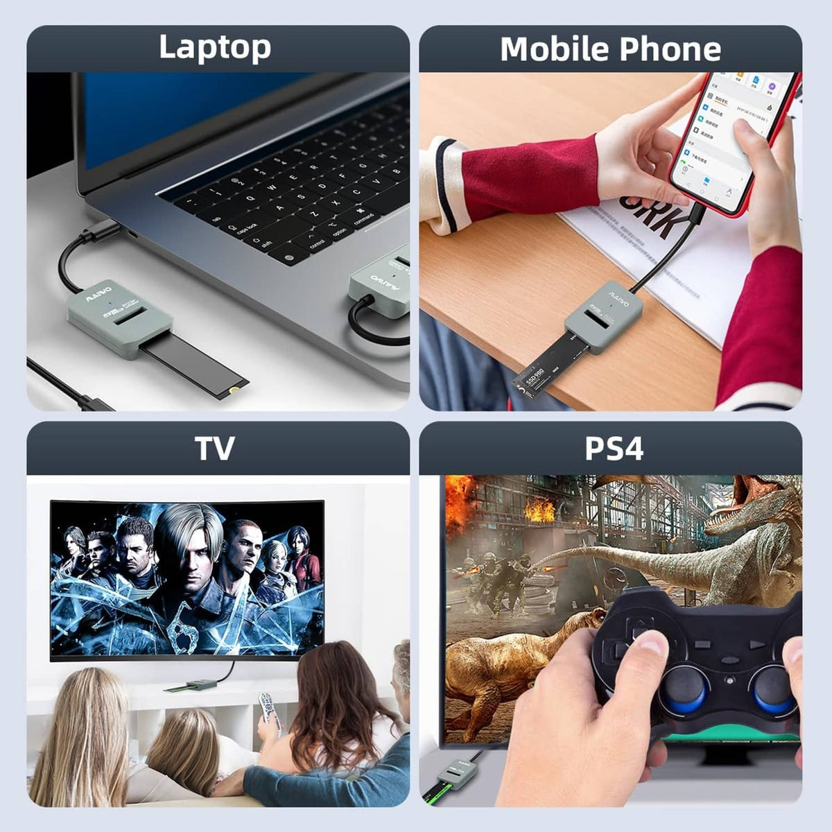 Grey M.2 NVMe to USB-C adapter used with laptop, mobile phone, TV, and PS4