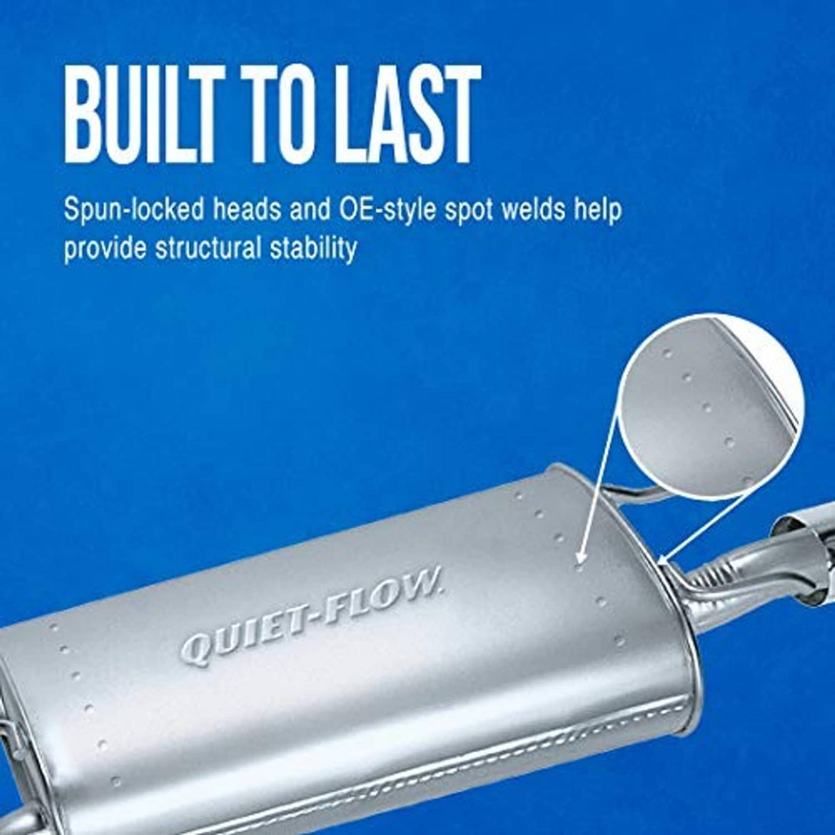 Stainless steel muffler with embossed Quiet-Flow text and visible spot weld seam.
