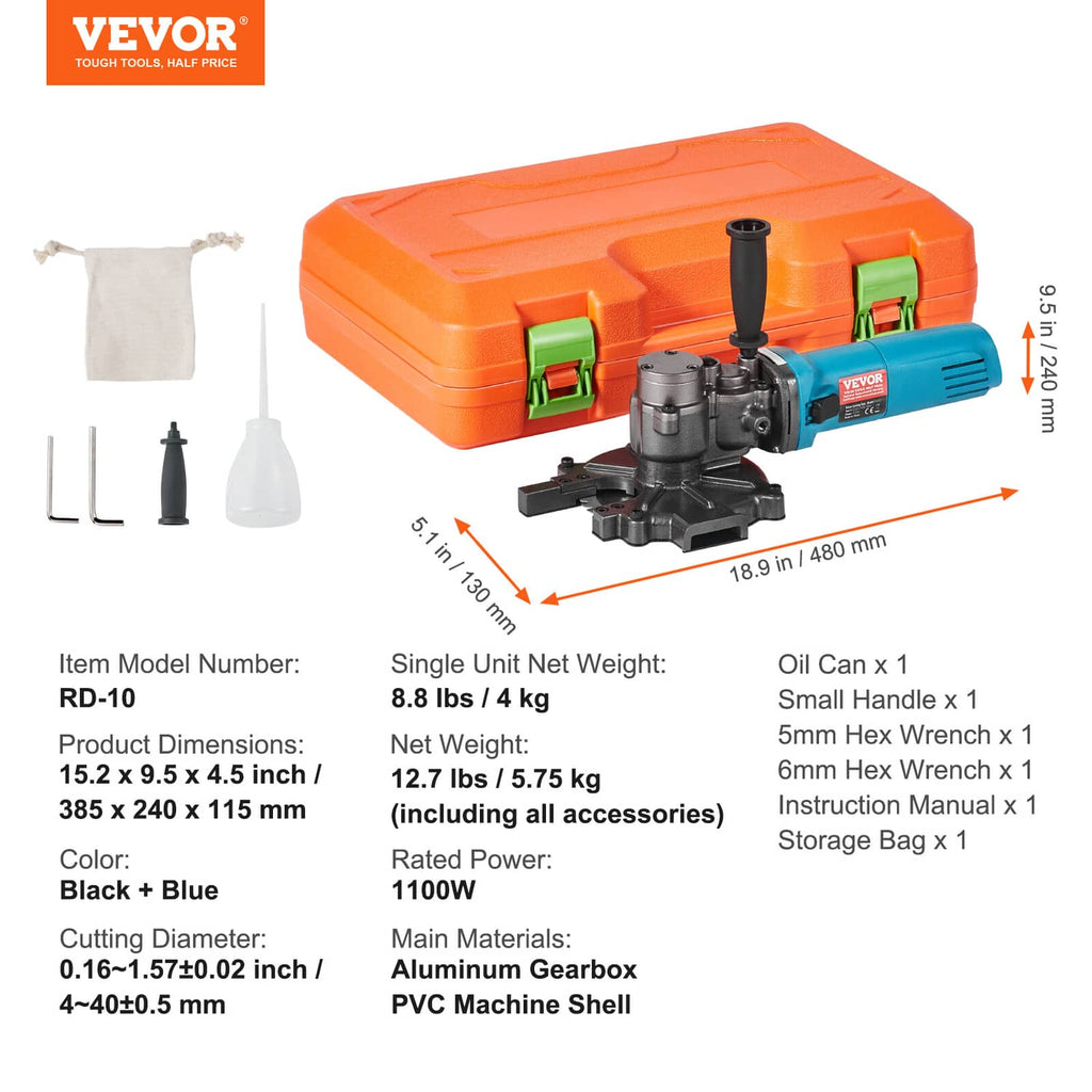 Electric rebar cutter in orange case with included oil can and tools