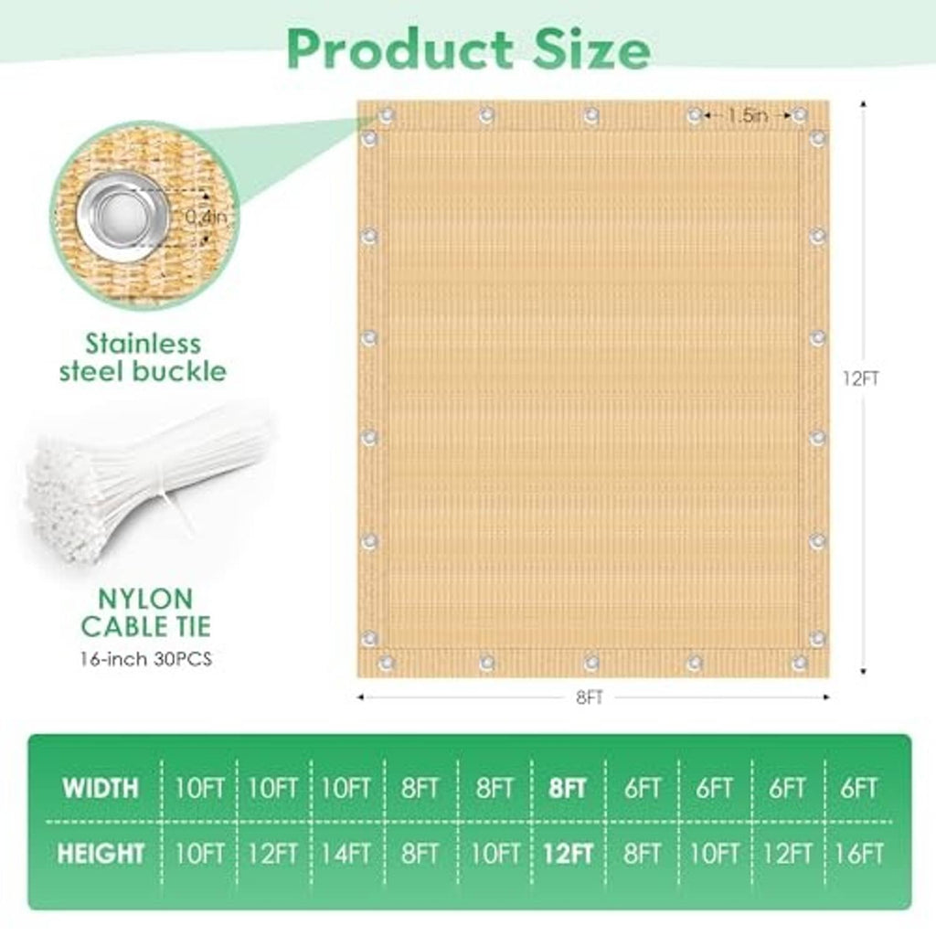 Desert sand shade cloth panel with corner grommets; product size diagram only.